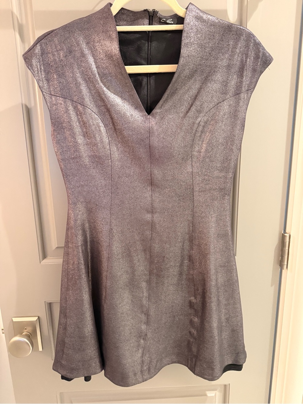 C. Luce Shimmering Silver V-Neck Mini Dress